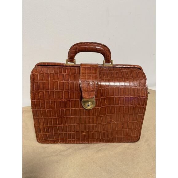 Marco Tadini Croc Embossed Leather Doctor Bag Brown Briefcase Key Made in Italy - Picture 8 of 16